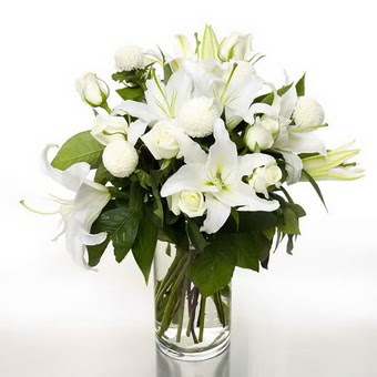  Rize 14 şubat sevgililer günü çiçek  1 dal cazablanca 7 adet beyaz gül vazosu