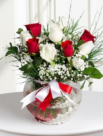 Aşk Küresi  5 beyaz 5 kırmızı gül fanusta  Rize çiçek yolla , çiçek gönder , çiçekçi  